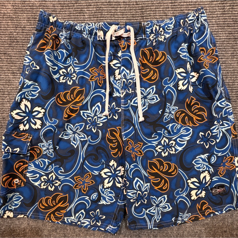 OP Sport Swim Trunks Men's XXL Blue Floral Tropical Hawaiian Board Shorts Surf